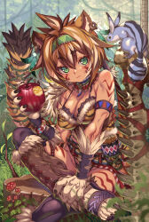 Rule 34 | 1girl, animal, animal ears, apple, black thighhighs, blurry, blurry foreground, breasts, brown hair, cat ears, cat tail, claws, cleavage, crossed legs, day, earrings, eating, facial mark, facial tattoo, female focus, food, fruit, fur bikini, grass, green eyes, green hairband, hairband, highres, holding, holding food, jewelry, kink (tortoiseshell), large breasts, looking at viewer, medium breasts, multicolored hair, mushroom, nature, necklace, original, outdoors, planted, sitting, solo, sword, tail, tattoo, thighhighs, topknot, tree stump, tribal, tribal tattoo, weapon, white hair