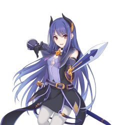 Rule 34 | 1girl, gloves, holding, holding sword, holding weapon, horns, long hair, official art, pantyhose, princess connect!, purple hair, rei (princess connect!), sword, tachi-e, transparent background, weapon, white pantyhose