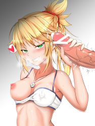 Rule 34 | 1girl, absurdres, bandeau, bar censor, blonde hair, blush, braid, breasts, censored, clarent (fate), covered erect nipples, cum, cum on hair, fang, fate/apocrypha, fate (series), french braid, gradient background, green eyes, grin, hair ornament, hair scrunchie, handjob, heart, heart-shaped pupils, hetero, highres, linea alba, long hair, looking at viewer, medium breasts, mordred (fate), mordred (fate/apocrypha), nipples, one breast out, penis, ponytail, puffy nipples, rebaria, red scrunchie, scrunchie, shiny skin, smile, solo focus, speech bubble, spoken heart, symbol-shaped pupils, teeth, tsurime