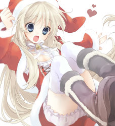 Rule 34 | 1girl, bad id, bad pixiv id, blonde hair, bloomers, blue eyes, boots, christmas, fang, flat chest, fur boots, hat, heart, little busters!, long hair, noumi kudryavka, sacraneco, santa costume, santa hat, solo, thighhighs, underwear, white bloomers, white thighhighs