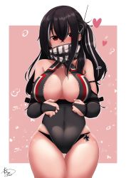 Rule 34 | 1girl, absurdres, azur lane, bandana, bandana over mouth, bang telex, bare shoulders, black hair, black panties, black one-piece swimsuit, blush, breasts, bubble, cameltoe, cleavage, covered navel, cowboy shot, cross, ear piercing, headpiece, heart, highres, iron cross, large breasts, long hair, looking at viewer, multicolored hair, one-piece swimsuit, panties, piercing, pink background, red eyes, side ponytail, signature, silver hair, skin tight, skindentation, solo, swimsuit, thigh gap, thighs, two-tone hair, u-47 (azur lane), underwear, unzipped, zipper
