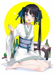 Rule 34 | 1girl, barefoot, black hair, blush, bottle, breasts, chinese clothes, circle, commentary request, cup, fate/grand order, fate (series), green eyes, green nails, hair ornament, hair ribbon, hanfu, heart, jing ke (fate), long hair, long sleeves, looking at viewer, nail polish, open mouth, ribbon, sash, sitting, smile, solo, steam, table, teacup, twintails, ugetsu (chimere/marie), white background, wide sleeves, wine bottle, yellow background, yokozuwari