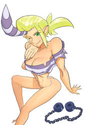 Rule 34 | 1girl, abs, ass, bad proportions, bare shoulders, barefoot, blouse, breasts, cleavage, cuffs, fingernails, g-string, giant, giantess, green eyes, horns, large breasts, long hair, midriff, namasomi, no pants, off-shoulder shirt, off shoulder, one eye closed, panties, pointy ears, ponytail, prison clothes, reverge labs, scythana, scythana (skullgirls), shackles, sharp fingernails, shirt, simple background, single horn, sitting, skullgirls, solo, striped clothes, striped shirt, thong, underwear, white background, wink