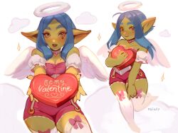 Rule 34 | 1girl, absurdres, angel wings, artist name, bare shoulders, blue hair, blush, bow, bow legwear, box, breasts, brown eyes, choker, cleavage, colored skin, commentary, detached sleeves, english commentary, eyeshadow, facial mark, female goblin, goblin, green skin, halo, heart, heart-shaped box, heart choker, highres, incoming gift, large ears, long hair, looking at viewer, maewix (artist), makeup, medium breasts, mole, mole on breast, multiple views, original, parted bangs, pink bow, pointy ears, red eyeshadow, rissma (maewix), smile, sparkle, thick eyebrows, thighhighs, valentine, white choker, white thighhighs, wings