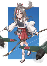 Rule 34 | &gt;:), 1girl, afloat, aircraft, airplane, ankle socks, arrow (projectile), blush, bow (weapon), brown eyes, brown hair, commentary, full body, hachimaki, hair between eyes, hakama, hakama skirt, headband, high ponytail, highres, holding, holding arrow, holding bow (weapon), holding weapon, illyachi, japanese clothes, kantai collection, looking at viewer, machinery, muneate, outside border, ponytail, skirt, smile, socks, solo, standing, standing on liquid, striped headband, v-shaped eyebrows, weapon, white background, white socks, zuihou (kancolle)