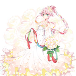 Rule 34 | 10s, 1girl, alternate costume, arishiki, bare shoulders, beads, bouquet, breasts, cleavage, dress, elbow gloves, floral background, flower, frills, full body, gloves, green eyes, hair flower, hair ornament, hair ribbon, holding, holding bouquet, kantai collection, long dress, long hair, looking at viewer, pink hair, ponytail, red ribbon, ribbon, solo, strapless, strapless dress, wedding dress, white dress, white gloves, white ribbon, yura (kancolle)