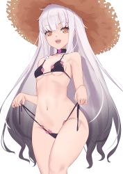 Rule 34 | 1girl, absurdres, bikini, black bikini, black hair, breasts, brown eyes, brown hat, fate/grand order, fate (series), gradient background, hat, highres, jilu, long hair, looking at viewer, melusine (fate), navel, open mouth, simple background, small breasts, smile, solo, straw hat, swimsuit, thighs, white background, white hair