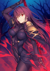 Rule 34 | 1girl, bad id, bad pixiv id, bodysuit, breasts, brown hair, covered erect nipples, fate/grand order, fate (series), hair intakes, large breasts, long hair, polearm, red eyes, scathach (fate), scathach (fate), solo, type-moon, weapon, yangsion