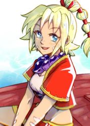 Rule 34 | 1girl, bandages, blonde hair, blue eyes, breasts, chrono cross, crop top, facial mark, high ponytail, jewelry, kid (chrono cross), long hair, looking at viewer, midriff, multi-tied hair, naekam, necklace, open mouth, ponytail, smile, solo, vest