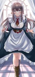 Rule 34 | 1girl, absurdres, apron, azur lane, black dress, blue eyes, boots, breasts, brown corset, brown footwear, brown hair, center frills, clothes lift, collar, corset, curacoa (azur lane), dress, dress lift, frilled apron, frills, full body, highres, large breasts, long hair, looking at viewer, maid, maid apron, maid headdress, minestrone takizawa, necktie, red necktie, short necktie, skirt hold, solo, walking, white apron