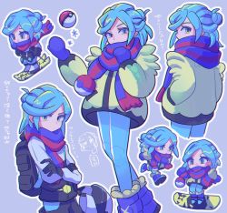 Rule 34 | 1boy, backpack, bag, black bag, black gloves, blue eyes, blue hair, blue pants, boots, chibi, commentary request, creatures (company), game freak, gloves, grey background, grusha (pokemon), hands up, highres, jacket, long hair, long sleeves, looking at viewer, male focus, mittens, multiple views, nintendo, outline, pants, poke ball, poke ball (basic), pokemon, pokemon sv, purple mittens, scarf, scarf over mouth, shi (soudana sigurd), skiing, skis, snowboard, snowboarding, translation request, yellow jacket