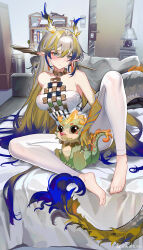 Rule 34 | 1girl, absurdres, arknights, averting eyes, bare arms, bare shoulders, barefoot, blonde hair, blue hair, blue horns, breasts, chinese commentary, closed mouth, colored skin, commentary request, door, dragon girl, dragon horns, earrings, embarrassed, full body, green eyes, grey hair, grey horns, hair between eyes, hair intakes, highres, horns, indoors, jewelry, lamp, leggings, long hair, looking down, medium breasts, multicolored hair, necklace, no jacket, picture frame, pointy ears, purple hair, red pupils, shu (arknights), solo, strapless, stuffed animal, stuffed toy, tianzekongming, toenails, toes, toy airplane, tube top, very long hair, watermark, weibo logo, white leggings, white tube top, yellow horns, yellow skin