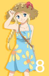 Rule 34 | 00s, 1girl, adjusting clothes, adjusting headwear, armpits, blonde hair, blue eyes, braid, celestial s, collarbone, countdown, dress, hat, long hair, official alternate costume, patty fleur, pii (celestial songs), smile, solo, straw hat, tales of (series), tales of vesperia, yellow background