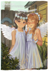 Rule 34 | 2girls, :d, ^ ^, alphonse (white datura), angel wings, arms behind back, bare arms, bare shoulders, black eyes, black hair, blush, braid, brown hair, building, closed eyes, commentary, dress, english commentary, english text, facing viewer, feathered wings, feet out of frame, fence, flower, flower wreath, glasses, hair bun, hair flower, hair ornament, head wreath, highres, lantern, lifebuoy, looking at viewer, multiple girls, open mouth, original, parted bangs, plant, red-framed eyewear, rose, scrunchie, semi-rimless eyewear, sidelocks, single hair bun, sleeveless, sleeveless dress, smile, standing, sundress, swim ring, twin braids, under-rim eyewear, waving, white flower, white rose, white wings, wings, wooden fence, wrist scrunchie
