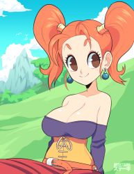 Rule 34 | 1girl, absurdres, artist name, bare shoulders, belt, blue sky, blush, breasts, brown eyes, cleavage, cloud, collarbone, corset, day, dragon quest, dragon quest viii, earrings, hair tubes, highres, jessica albert, jewelry, large breasts, long sleeves, looking to the side, mountain, mrsteak, off-shoulder shirt, off shoulder, orange hair, outdoors, purple shirt, red skirt, shirt, sitting, skirt, sky, smile, solo, text focus, translated, tree, twintails, watermark