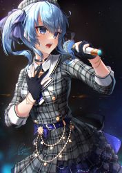 Rule 34 | 1girl, absurdres, belt, beret, blue belt, blue eyes, blue hair, blue nails, bracelet, choker, collared dress, dress, fingerless gloves, frilled skirt, frills, gloves, hair ribbon, hat, highres, holding, holding microphone, hololive, hoshimachi suisei, hoshimachi suisei (1st costume), idol, jewelry, looking to the side, microphone, music, nail polish, open mouth, partially fingerless gloves, plaid, plaid dress, rei (9086), ribbon, side ponytail, singing, skirt, sky, solo, star (sky), star (symbol), star bracelet, star in eye, starry sky, symbol in eye, teeth, virtual youtuber