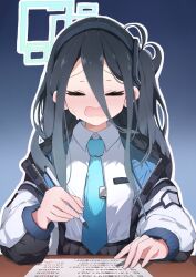 Rule 34 | 1girl, aris (blue archive), blue archive, blue necktie, closed eyes, desk, green halo, halo, headband, highres, holding, holding pen, necktie, one side up, open mouth, paper, pen, sweat, tie clip