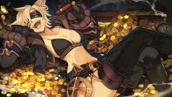 Rule 34 | 1girl, absurdres, animal ears, bikini, bikini top only, black gloves, black thighhighs, boots, breasts, cat ears, cigar, closed eyes, coin, crossed legs, eyepatch, final fantasy, final fantasy xiv, gloves, gold coin, grey hair, hide (hideout), highres, holding, holding cigar, incense, large breasts, lying, ojou-sama pose, on back, open mouth, short hair, solo, swimsuit, thigh boots, thighhighs, thighhighs under boots, treasure chest, warrior of light (ff14)