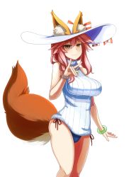 Rule 34 | 1girl, :3, animal ears, blush, breasts, choi kada, ears through headwear, fate/grand order, fate (series), fox ears, fox shadow puppet, fox tail, hat, hat ribbon, large breasts, looking at viewer, pink hair, ribbon, simple background, solo, sweater, tail, tamamo (fate), tamamo no mae (fate/extra), tamamo no mae (swimsuit lancer) (fate), tamamo no mae (swimsuit lancer) (third ascension) (fate), white background, white hat, yellow eyes, yoroi kabuto