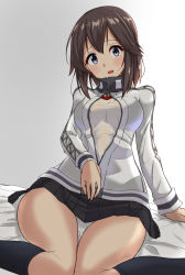 Rule 34 | 1girl, bed, beer can, black legwear, black skirt, breasts, brown hair, can, commentary request, drink can, grey eyes, hayasui (kancolle), highres, indoors, jacket, kantai collection, looking at viewer, medium breasts, miniskirt, open clothes, open jacket, pleated skirt, shiba (zudha), shirt, short hair, sitting, skirt, solo, upskirt, wariza, white shirt