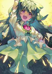 Rule 34 | 1girl, arm cannon, bad id, bad twitter id, bird wings, black hair, black wings, blouse, bow, buttons, cape, collared shirt, frilled skirt, frills, green bow, green skirt, hair bow, highres, long hair, looking at viewer, misha (hoongju), open mouth, puffy short sleeves, puffy sleeves, red eyes, reiuji utsuho, shirt, short sleeves, skirt, teeth, touhou, upper teeth only, wavy hair, weapon, white cape, white shirt, wings
