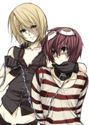 Rule 34 | 00s, 2boys, bdsm, blonde hair, blush, bondage, bound, chain, collar, death note, gloves, goggles, male focus, matt (death note), mello (death note), midriff, multiple boys, navel, red hair, shueisha, smile, standing, sweat, white background