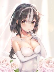 Rule 34 | 1girl, absurdres, bare shoulders, black hair, blush, breasts, bridal veil, brown eyes, cleavage, collarbone, commentary request, dori (tkdgus930), dress, elbow gloves, finger to mouth, flower, gloves, hair between eyes, hand up, highres, huge filesize, looking at viewer, medium breasts, multicolored hair, original, rose, smile, solo, strapless, strapless dress, streaked hair, upper body, veil, wedding dress, white dress, white flower, white gloves, white hair, white rose