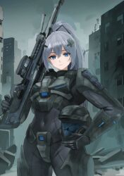 Rule 34 | 1girl, absurdres, armor, azur lane, black bodysuit, blue eyes, bodysuit, building, chest armor, closed mouth, commission, commissioner upload, crossed bangs, dgkamikaze, gauntlets, gloves, grey hair, gun, hair ornament, halo (series), halo 3: odst, helmet, high ponytail, highres, holding, holding helmet, holding weapon, intrepid (azur lane), knife, long hair, looking at viewer, non-web source, odst, rifle, shoulder armor, sniper rifle, urban, weapon