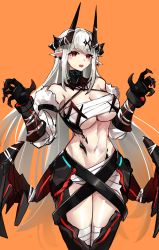 Rule 34 | 1girl, absurdres, arknights, bandages, breasts, casul, chest sarashi, clawed gauntlets, demon horns, ear piercing, gauntlets, hair between eyes, hair ornament, highres, horns, large breasts, long hair, material growth, mudrock (arknights), navel, orange background, oripathy lesion (arknights), piercing, pointy ears, red eyes, revealing clothes, sarashi, simple background, solo, stomach, white hair