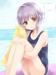 Rule 34 | 10s, 1girl, bad id, bad pixiv id, blush, brown eyes, highres, idolmaster, idolmaster cinderella girls, knees to chest, knees to chest, koshimizu sachiko, hugging own legs, looking at viewer, one-piece swimsuit, open mouth, paopao, purple hair, school swimsuit, short hair, sitting, solo, swimsuit, towel, wet