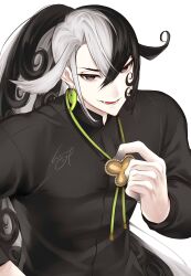 Rule 34 | 1boy, absurdres, alternate hairstyle, ashiya douman (fate), asymmetrical hair, black hair, chinese clothes, curly hair, earrings, fang, fate/grand order, fate (series), fingernails, hair between eyes, haruhina, highres, jewelry, large hands, long hair, looking at viewer, low ponytail, magatama, magatama earrings, male focus, multicolored hair, sharp fingernails, smile, solo, split-color hair, two-tone hair, upper body, very long hair, white hair