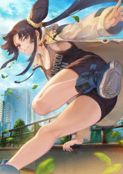 Rule 34 | 1girl, black hair, black shorts, black tank top, blue eyes, blue footwear, blue sky, breasts, building, closed mouth, clothes writing, contemporary, day, fate/grand order, fate (series), foreshortening, from below, hair bun, highres, jacket, leaf, legs, long hair, long sleeves, looking at viewer, mashuu (neko no oyashiro), medium breasts, open clothes, open jacket, outdoors, parkour, parted bangs, shoes, shorts, side bun, side ponytail, sidelocks, single side bun, sky, skyscraper, smile, sneakers, solo, tank top, tree, ushiwakamaru (fate), very long hair, yellow jacket
