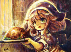 Rule 34 | 1girl, :d, blue headwear, chicken (food), food, green hair, holding, holding tray, kouba, looking at viewer, medium hair, oil painting (medium), okunoda miyoi, open mouth, painting (medium), pink hair, plate, short sleeves, signature, smile, smoke, solo, touhou, traditional media, tray, upper body, whale hat