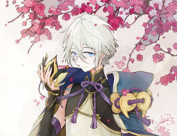 Rule 34 | 1boy, armor, bishounen, blue eyes, blue gemstone, cherry blossoms, chinese armor, chinese clothes, closed mouth, commentary request, elbow gloves, falling petals, fate/grand order, fate (series), flower, gem, gloves, gold trim, grey hair, hair between eyes, hand on own chest, holding, holding mask, horned mask, long sleeves, looking at viewer, magatama, male focus, mask, petals, pink flower, prince of lan ling (fate), shirt, short hair, signature, sleeveless, smile, solo, sukybaba, unworn mask, upper body