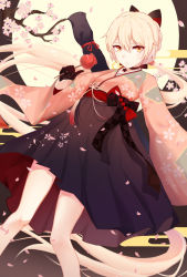 Rule 34 | 1girl, arm behind back, arm up, artist name, black gloves, blonde hair, bow, braid, breasts, candy apple, cherry blossoms, chinese text, choker, closed mouth, cowboy shot, expressionless, floating hair, floral print, flower, food, girls&#039; frontline, gloves, hair bow, hair ribbon, hakama, hakama short skirt, hakama skirt, half gloves, high-waist skirt, highres, holding, holding food, japanese clothes, long hair, looking at viewer, moon, night, night sky, official alternate costume, oisy, ots-14 (flurry of petals) (girls&#039; frontline), ots-14 (girls&#039; frontline), petals, pink hair, red ribbon, ribbon, skirt, sky, smile, solo, standing, thighhighs, tree, very long hair, weapon, weapon bag, weapon on back, wide sleeves, wind, wind lift, yellow eyes