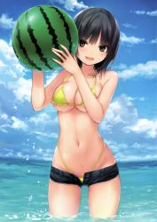Rule 34 | 1girl, :d, absurdres, aoyama sumika, ball, bare arms, bare shoulders, beachball, bikini, bikini under clothes, black hair, blue shorts, blue sky, blush, breasts, brown eyes, cleavage, cloud, cloudy sky, coffee-kizoku, collarbone, cowboy shot, day, food, fruit, groin, hair between eyes, hands up, highleg, highleg bikini, highleg swimsuit, highres, holding, holding ball, holding food, holding fruit, horizon, looking at viewer, medium breasts, medium hair, micro shorts, navel, ocean, open clothes, open fly, open mouth, open shorts, original, outdoors, scan, shorts, sky, smile, solo, sparkle, standing, swimsuit, wading, water, watermelon, wet, yellow bikini, yellow eyes