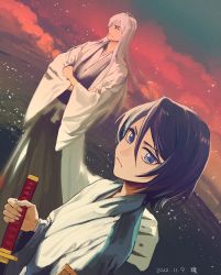 Rule 34 | 1boy, 1girl, absurdres, black hair, black kimono, bleach, blue eyes, blue sky, cloud, cloudy sky, commentary request, dated, grey hair, hair between eyes, highres, holding, holding sword, holding weapon, japanese clothes, jou (jo jjo), katana, kimono, kuchiki rukia, long hair, long sleeves, looking at viewer, looking away, open clothes, outdoors, parted bangs, sheath, sheathed, sky, sunset, sword, ukitake juushirou, very long hair, weapon, wide sleeves