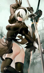 Rule 34 | 1girl, arm up, ass, black dress, black footwear, black gloves, black hairband, black ribbon, black thighhighs, blindfold, boots, breasts, chain, cleavage, cleavage cutout, clothing cutout, cowboy shot, dress, gloves, greatsword, hair over one eye, hairband, highleg, highleg leotard, highres, holding, holding sword, holding weapon, juliet sleeves, leg up, leotard, long sleeves, medium breasts, mole, mole under mouth, nier (series), nier:automata, open mouth, parted lips, puffy sleeves, ribbon, salmon88, short hair, side slit, silver hair, solo, standing, standing on one leg, sword, thigh boots, thighhighs, thong leotard, turtleneck, twisted torso, two-sided fabric, two-sided skirt, vambraces, weapon, weapon on back, white leotard, 2b (nier:automata)