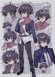 Rule 34 | ..., 1boy, :d, ;d, black hair, black pants, blue jacket, brown eyes, celestial being uniform, chibi, dirty, dirty face, expressionless, food, food wrapper, full body, green jacket, grid background, gundam, gundam 00, hand on own chest, high collar, highres, holding, holding food, hot dog, jacket, kononokono, long sleeves, looking at viewer, male focus, messy hair, multiple views, one eye closed, open mouth, pants, salute, scarf, setsuna f. seiei, shirt, short hair, smile, spoken ellipsis, standing, star (symbol), two-finger salute, white hair, white shirt, yellow eyes