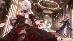 Rule 34 | 3girls, absurdres, bare shoulders, black dress, black gloves, blue eyes, breasts, brown hair, chandelier, chinese commentary, cleavage, detached sleeves, dress, earrings, flower, gloves, grey hair, hair ornament, hair over one eye, high heels, highres, holding, honkai (series), honkai impact 3rd, indoors, jewelry, logo, long hair, long sleeves, looking at viewer, theresa apocalypse (luna kindred), medium breasts, multiple girls, official art, open mouth, purple eyes, red eyes, rita rossweisse, rita rossweisse (fallen rosemary), rose, short hair, sleeveless, sleeveless dress, smile, theresa apocalypse, theresa apocalypse (lunar vow: crimson love), zhuge kongming (honkai impact), thighhighs, torn clothes, twintails, watermark, white dress, white hair, window, zhuge kongming (honkai impact)