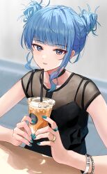 Rule 34 | 1girl, absurdres, aqua nails, asymmetrical sidelocks, black choker, blue hair, blunt bangs, bracelet, choker, coffee, collarbone, commentary, cup, disposable cup, dot nose, double bun, drinking straw, fingernails, hair bun, hair up, highres, holding, holding cup, hololive, hoshimachi suisei, jewelry, long eyebrows, looking at viewer, multiple rings, nail polish, open mouth, purple eyes, ring, see-through, shirt, short hair, sidelocks, simple background, sitting, solo, star (symbol), star in eye, symbol in eye, tagosaku (tatsukiuma0329), upper body, virtual youtuber