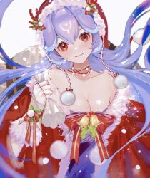 Rule 34 | 1girl, absurdres, bag, bao (vtuber), bare shoulders, bell, blue hair, blush, bow, breasts, brown eyes, cleavage, collarbone, commentary, fur-trimmed gloves, fur-trimmed kimono, fur trim, gloves, hat, head tilt, highres, holding, holding bag, holly, indie virtual youtuber, japanese clothes, jewelry, kimono, long hair, medium breasts, necklace, off shoulder, red bow, red hat, red kimono, santa hat, shan lan, smile, solo, symbol-only commentary, very long hair, virtual youtuber, white background, white gloves, wrist bow