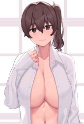 Rule 34 | 1girl, alternate costume, breasts, brown eyes, brown hair, collarbone, dress shirt, franham, highres, kaga (kancolle), kantai collection, large breasts, long hair, long sleeves, looking at viewer, naked shirt, navel, open clothes, open shirt, shirt, side ponytail, smile, solo, upper body, white shirt