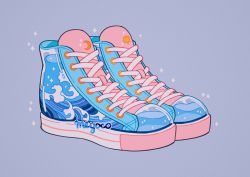 Rule 34 | artist name, blue background, crescent moon, meyoco, moon, no humans, original, shoes, simple background, sneakers, sparkle, still life, sun, wave print, waves