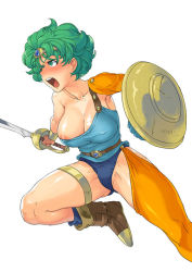 Rule 34 | 1girl, areola slip, blush, breasts, chunsoft, circlet, cleavage, dragon quest, dragon quest iv, enix, green hair, heroine (dq4), large breasts, leotard, muscular, nanboku, nipple slip, nipples, open mouth, shield, short hair, solo, sword, weapon