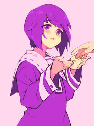 Rule 34 | 1girl, elysion, eyes visible through hair, hands up, long sleeves, open mouth, pink background, purple eyes, purple hair, ribbon trim, short hair, simple background, smile, soror, sound horizon, thick eyebrows, youhei 64d, zipper pull tab