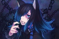 Rule 34 | 1girl, absurdres, animal ears, black nails, blue eyes, blue hair, cat ears, chain, clenched teeth, commentary request, doku-chan (dokkudokudoku), fang, fingernails, hair over one eye, highres, lip piercing, lipgloss, long hair, nail polish, original, parted lips, piercing, solo, teeth, upper body