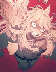 Rule 34 | 10s, 1girl, blonde hair, book, bracelet, cagliostro (granblue fantasy), clenched teeth, constricted pupils, granblue fantasy, jewelry, long hair, looking at viewer, norasame (dagako), open book, red background, solo, teeth
