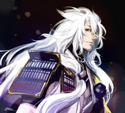 Rule 34 | 10s, 1boy, armor, artist name, bare pectorals, bishounen, blurry, bokeh, closed mouth, depth of field, hair between eyes, hair flaps, hair over shoulder, igote, japanese armor, japanese clothes, kogitsunemaru, lips, long hair, low-tied long hair, male focus, parted bangs, pectorals, pom pom (clothes), sfdin yoshi, shoulder armor, signature, sode, solo, tassel, toned, toned male, touken ranbu, upper body, very long hair, white hair