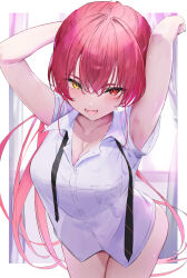 Rule 34 | 1girl, armpits, blush, breasts, cleavage, collarbone, fang, gyoku seisyoku, hair between eyes, heterochromia, highres, hololive, houshou marine, large breasts, long hair, looking at viewer, open mouth, red eyes, red hair, see-through, shirt, skin fang, smile, solo, virtual youtuber, white shirt, yellow eyes